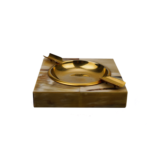 GOLD FINISHED ASHTRAY W/COLOURFUL HORN