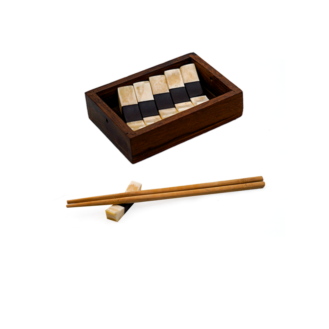 CHOPSTICK REST W/WOOD & BONE WOODEN TRAY ( SET OF 6 PCS)