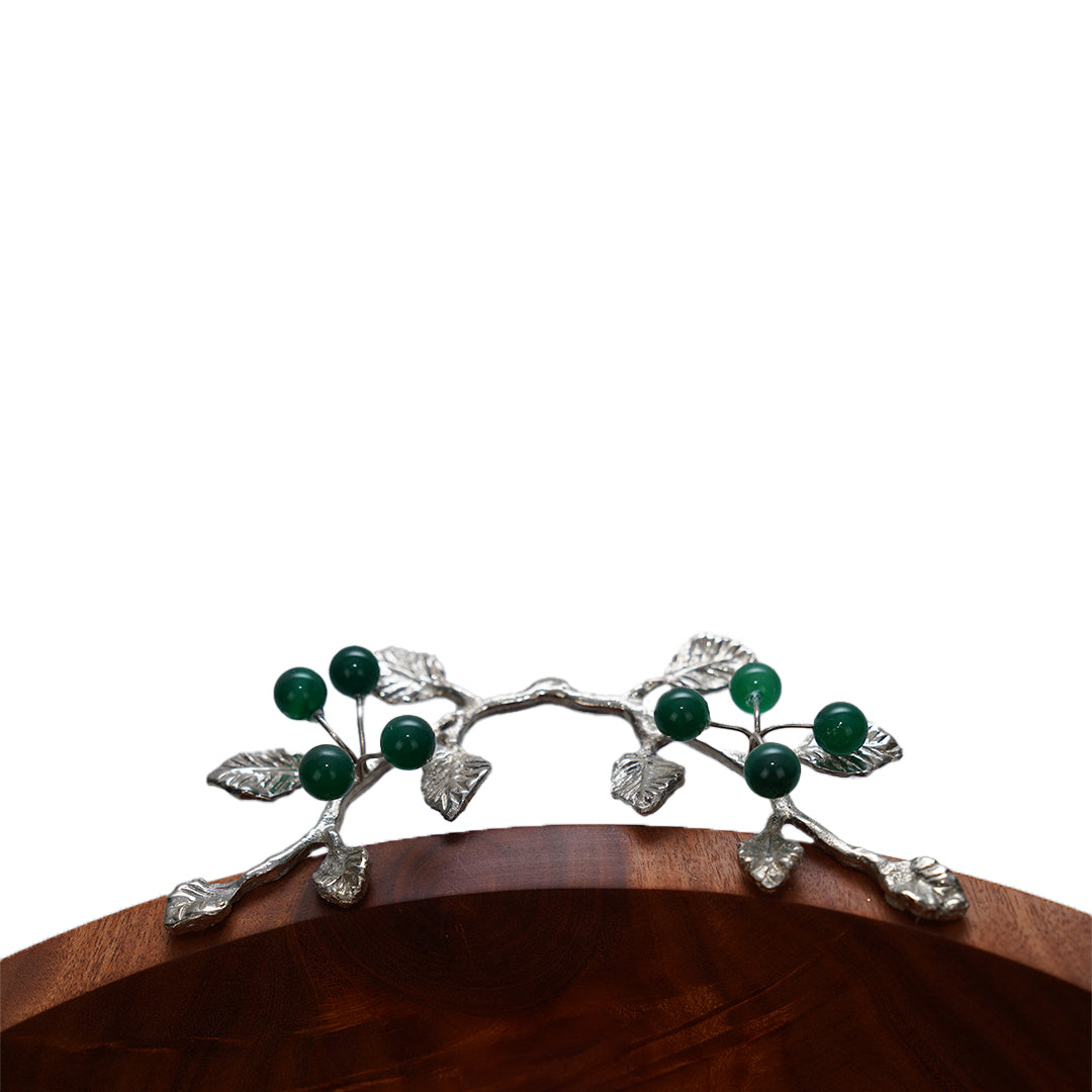 XL WOOD BOWL W METALE LEAVES & REAL GREEN AGATE