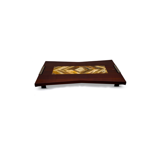 CLOURFUL HORN & WOOD COMBINATION TRAY W/METAL HANDLE