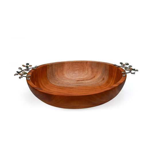 XL WOOD BOWL W METALE LEAVES & REAL GREEN AGATE