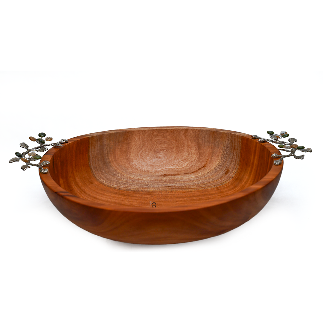 XL WOOD BOWL W METALE LEAVES & REAL GREEN AGATE